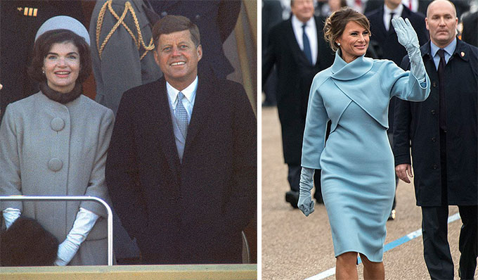 Jackie Kennedy (trái) mặc váy xanh trong lễ nhậm chức tổng thống năm 1961 của ông John F. Kennedy và Melania mặc váy màu tương tự trong lễ nhậm chức tổng thống của Donald Trump năm 2017.