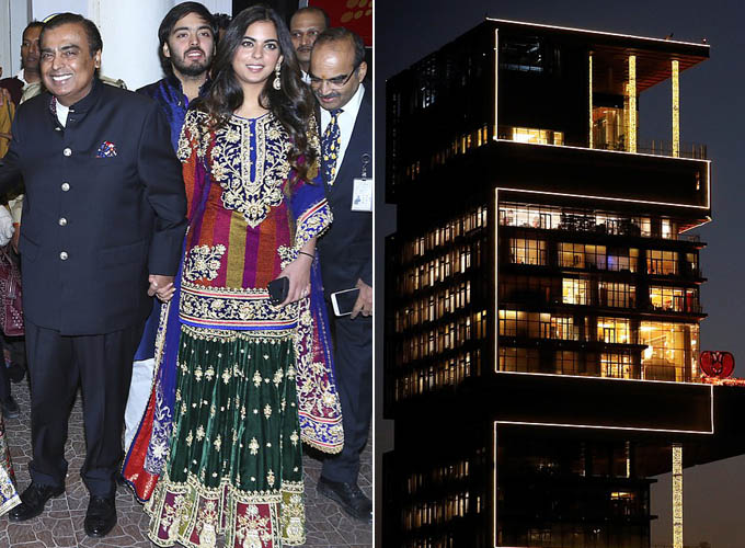 Mukesh Ambani, left, and his daughter Isha at the wedding of Priyanka Chopra and Nick Jonas last month. Right, the billionaires personal 27-storey tower, Antilla, where the wedding ceremony took place on Wednesday night