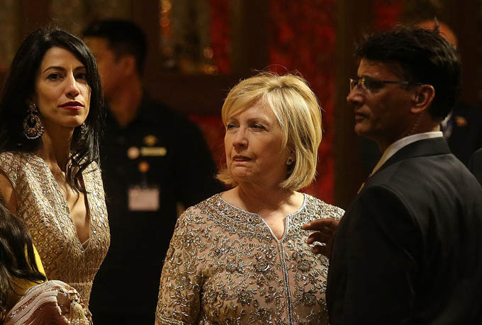 Hilary Clinton, who is understood to have stayed with the Ambani family at the Mumbai tower on previous visits to the city, was among those seen arriving today alongside her aide Huma Abedin, with both ladies arriving in beautiful Indian attire