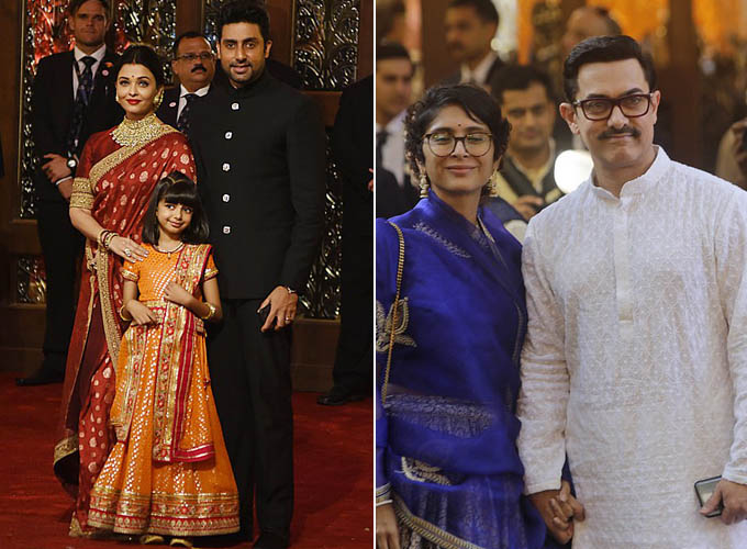 Bollywood stars including Aishwarya Rai Bachchan and Abhishek Bachchan, left with daughter Aradhya, and Aamir Khan and his wife Kiran Rao, right, are among those attending the nuptials