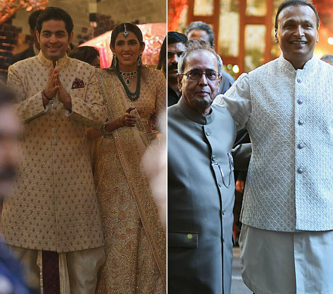 Brother of the bride Akash Ambani, son of billionaire Mukesh Ambani, and his fiancee Shloka Mehta greet guests at the wedding ceremony, left. Right, Former President of India Pranab Mukherjee and Indian businessman Anil Ambani