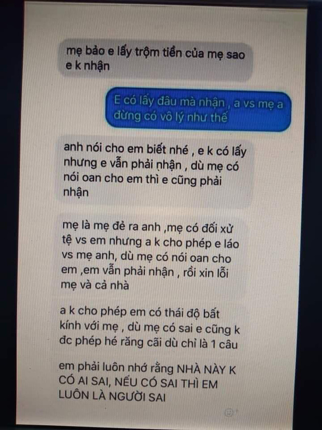 Dân mạng phẫn nộ với tin nhắn chồng ép vợ nhận ăn cắp tiền của mẹ - Ảnh 1.